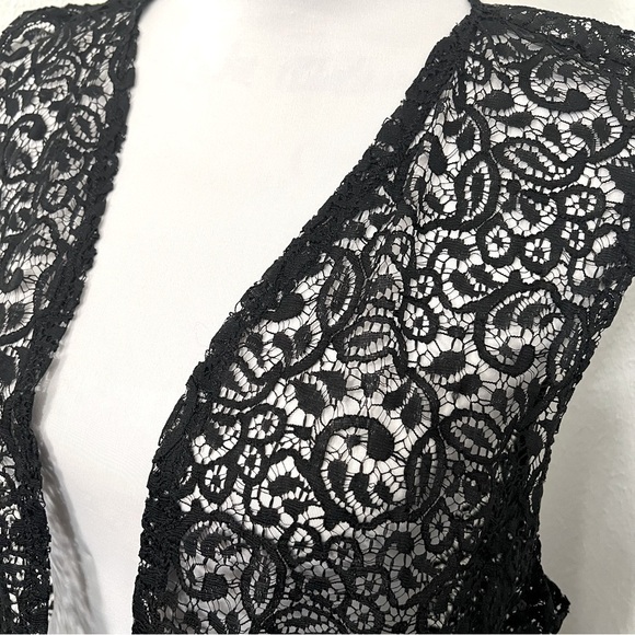 Floral Crochet Lace Trim Sleeveless Open Front Vest Cardigan for Women Black M/L - Picture 3 of 6
